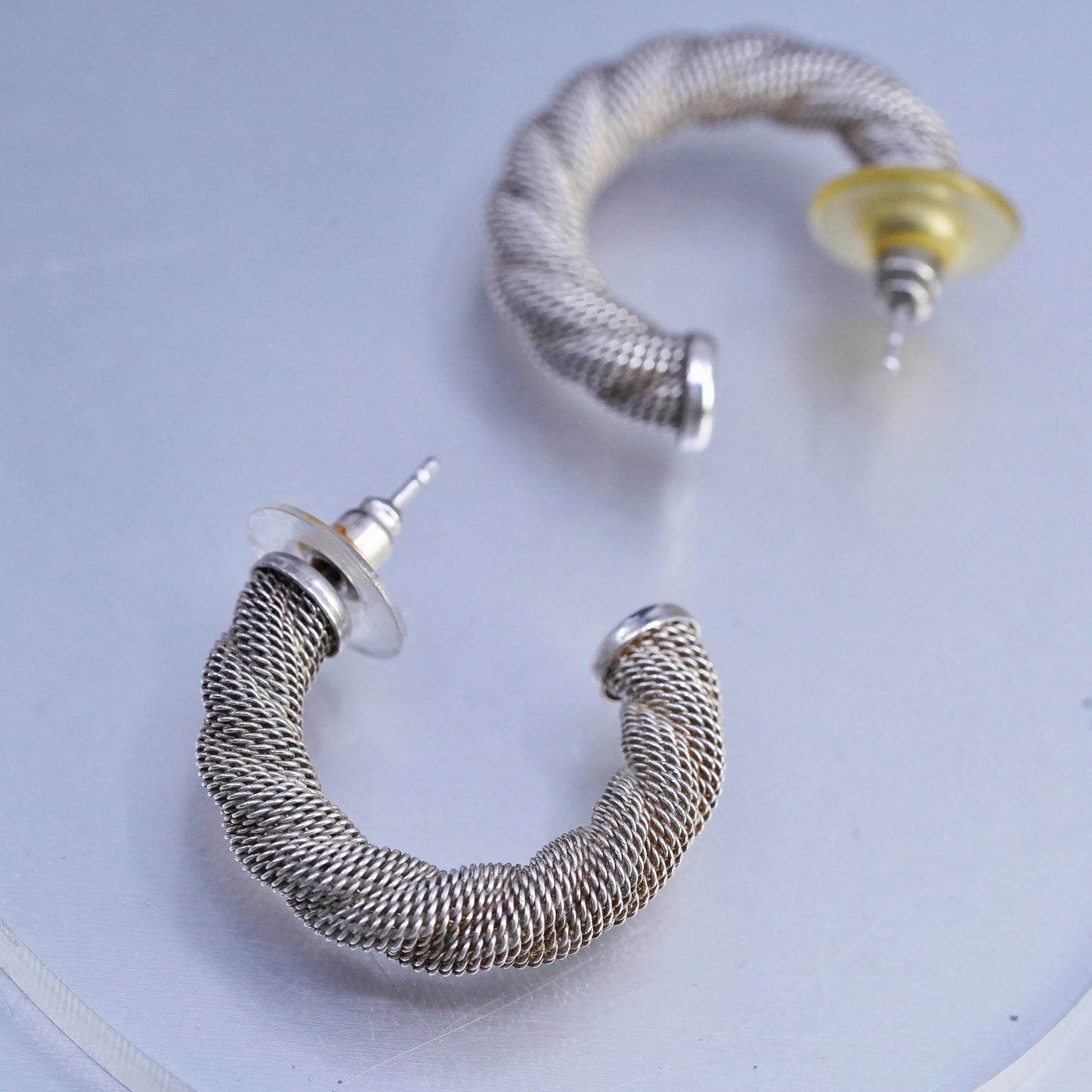 1.25", vintage Italian Sterling silver handmade earrings, 925 huggie hoops