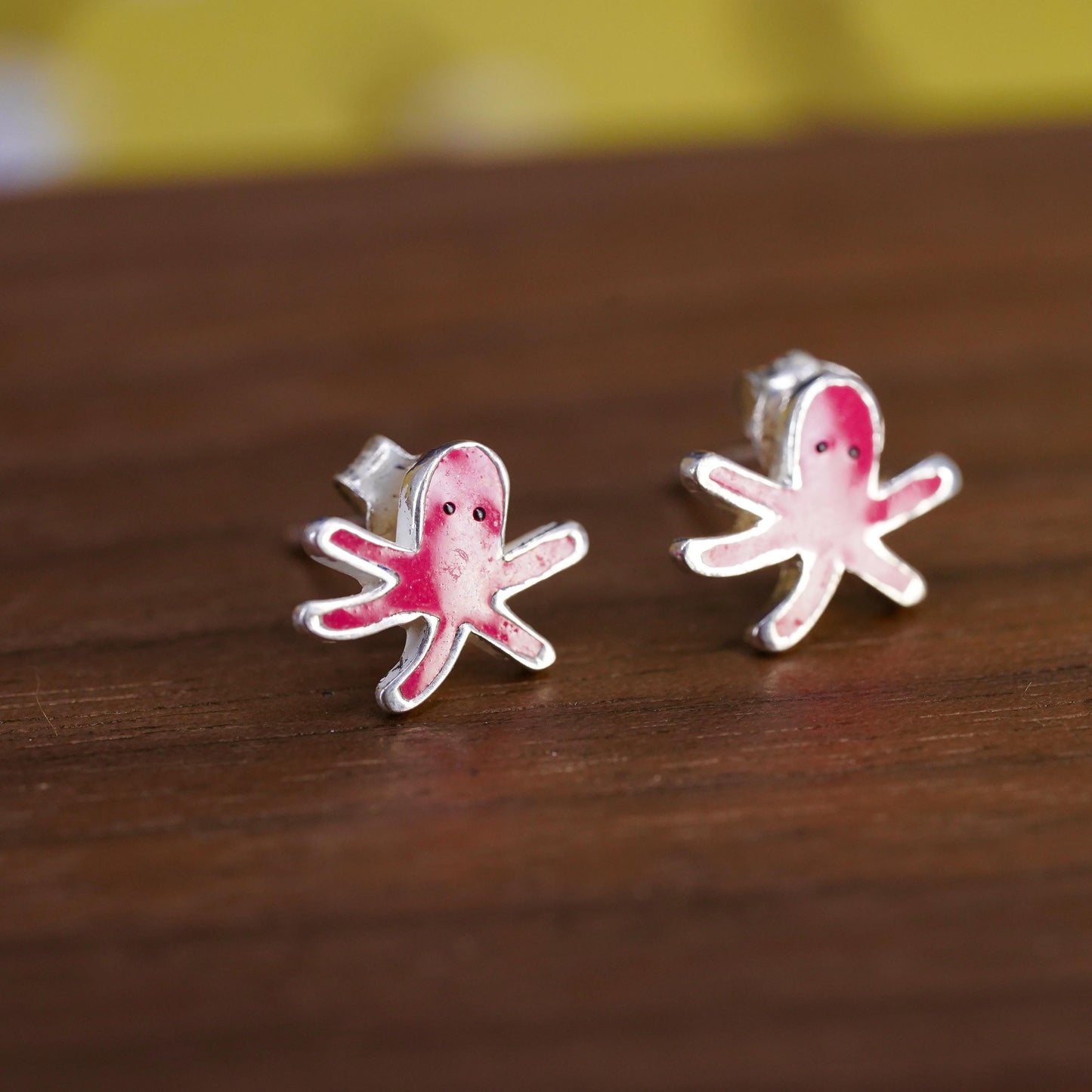 VTG Sterling silver handmade earrings, 925 octopus sausage studs pink enamel