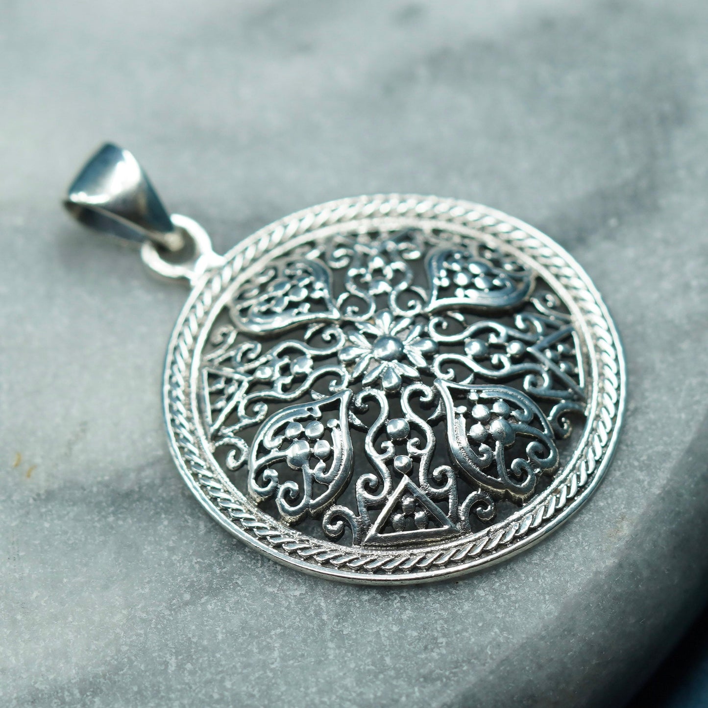 Vintage Sterling silver handmade pendant, 925 filigree circle charm