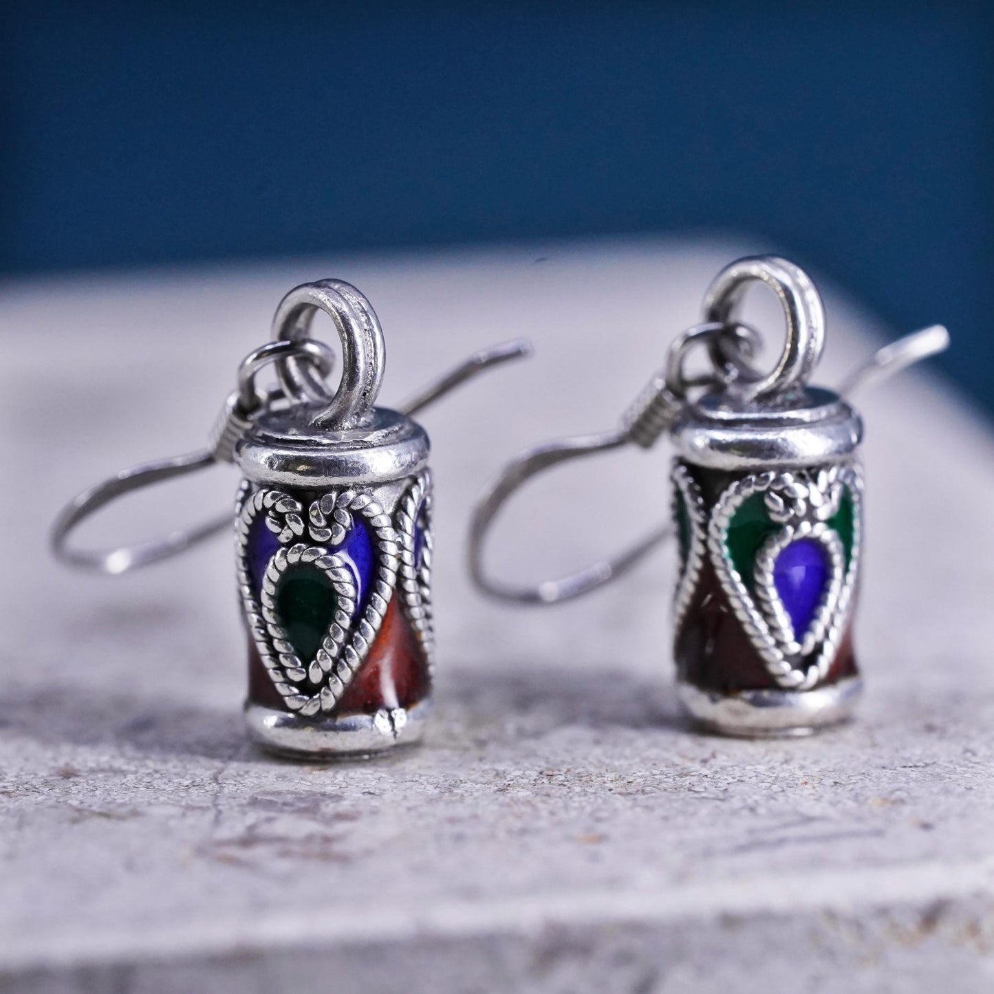 Vintage sterling silver handmade earrings, 925 tube with enamel
