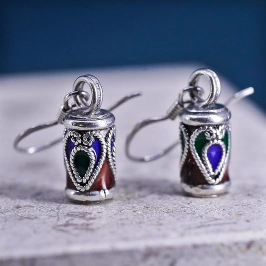 Vintage sterling silver handmade earrings, 925 tube with enamel
