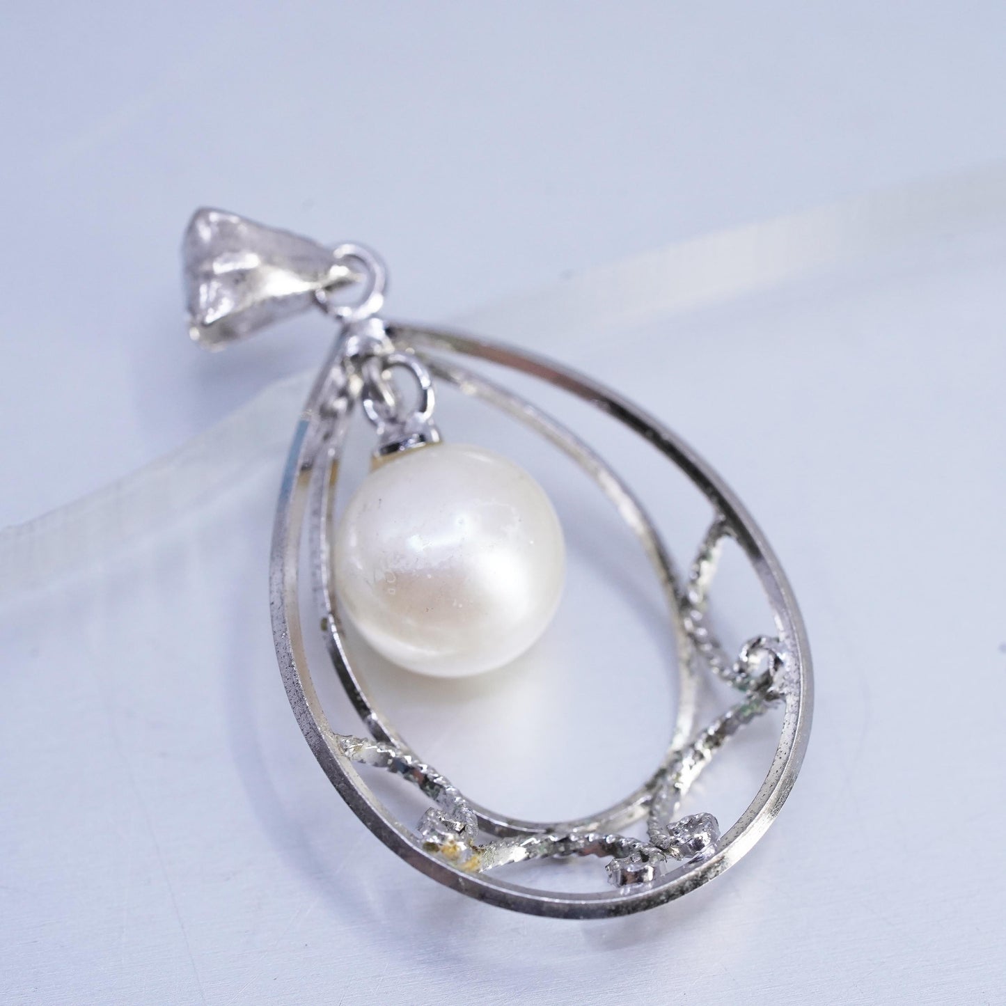 Vintage sterling 925 silver handmade filigree teardrop charm pendant with pearl