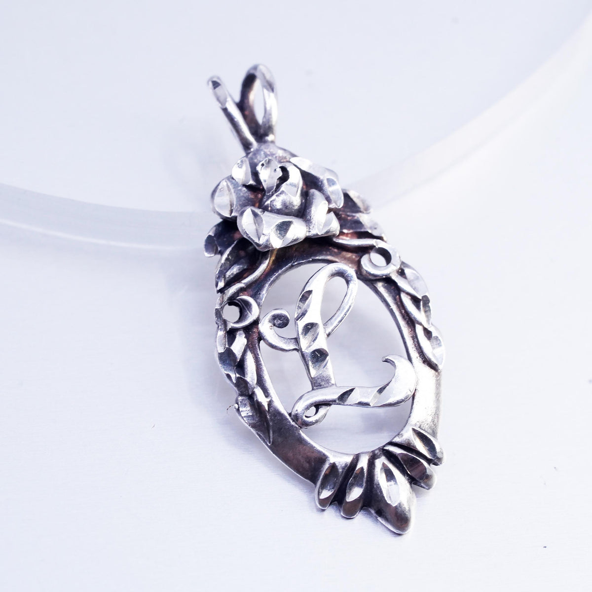 Vintage diamond cut sterling 925 silver letter L charm pendant with rose flower