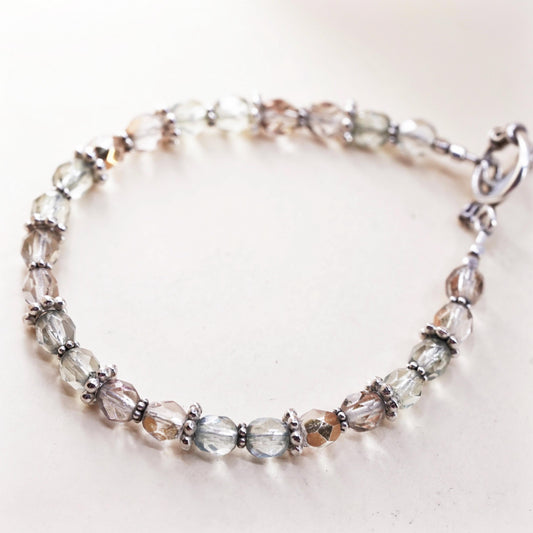 7.25", Sterling silver handmade bracelet, 925 Crystal beads and toggle closure