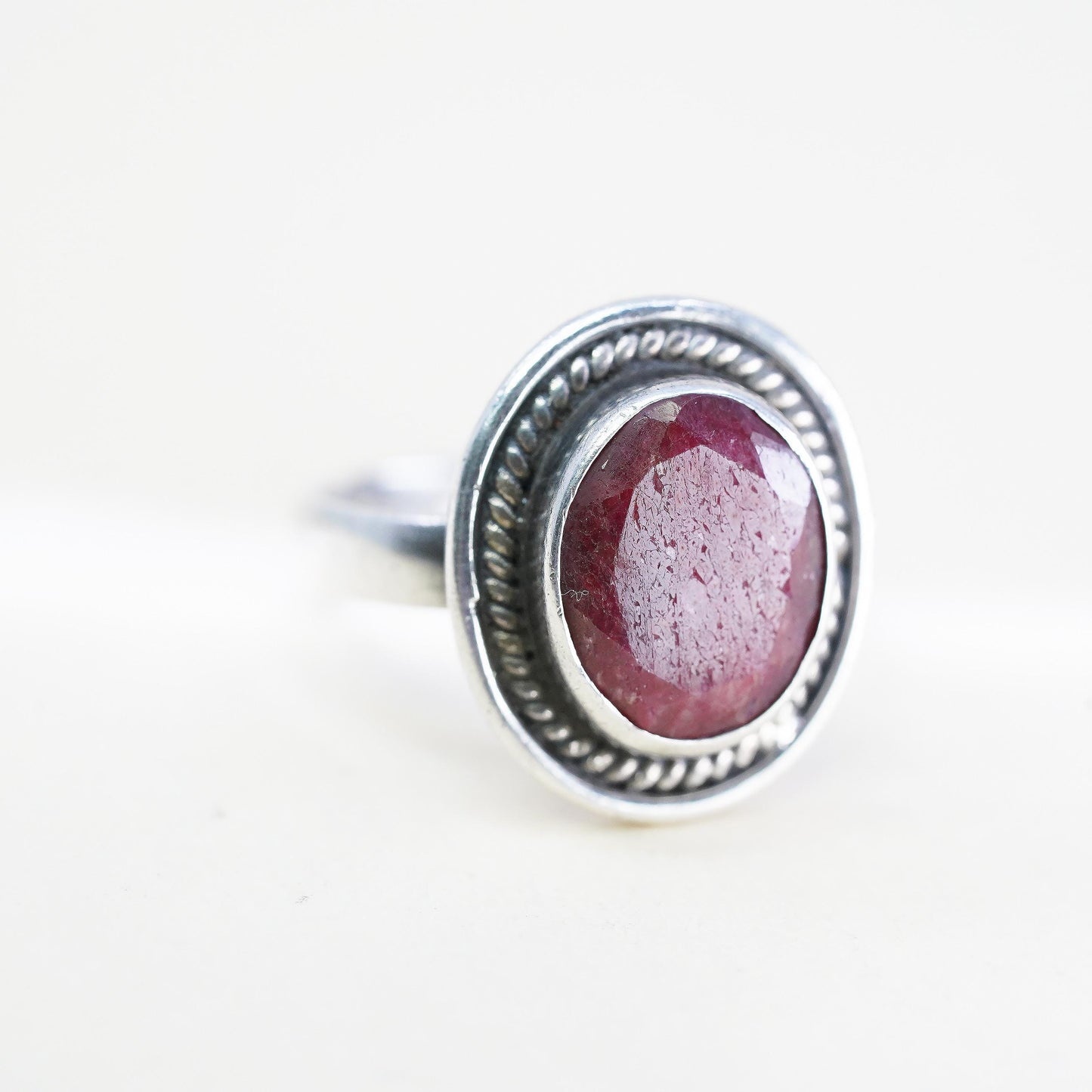 Size 7.25, Vintage sterling 925 silver handmade ring with oval natural ruby