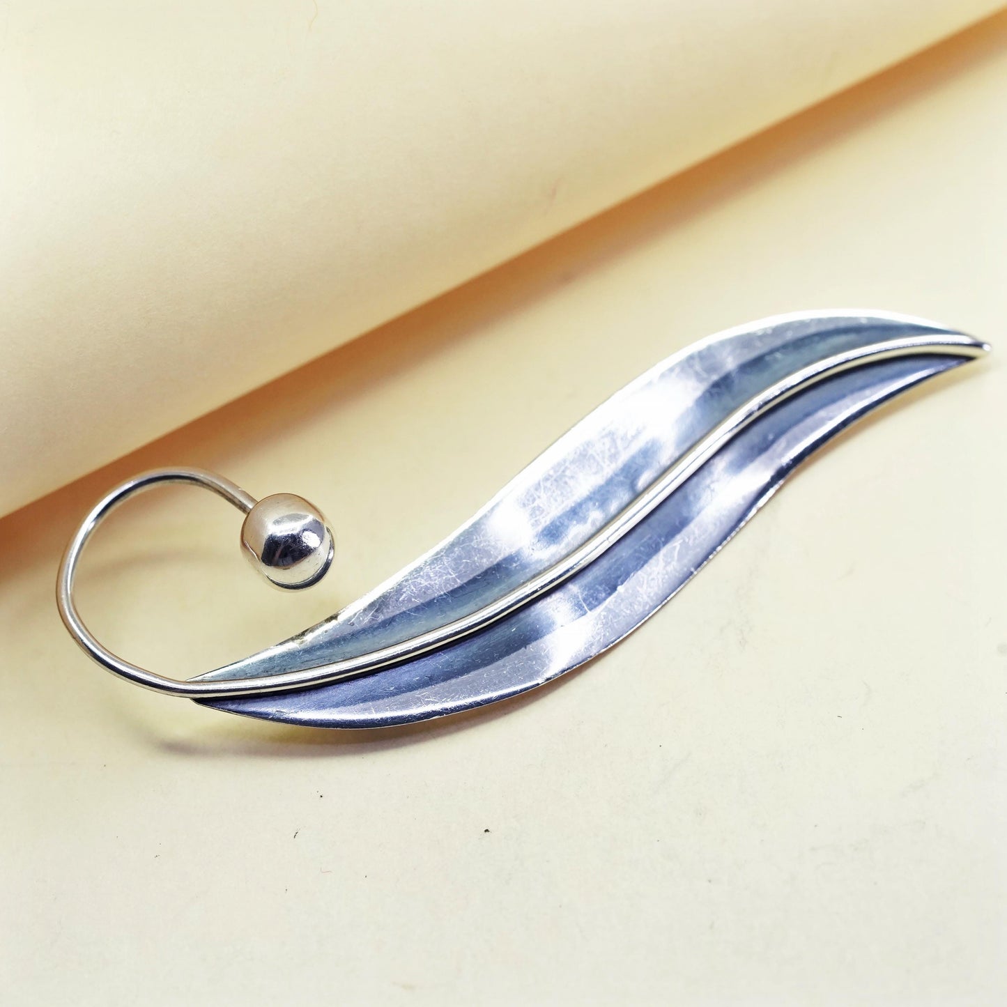 Vintage Mexican Taxco sterling silver handmade long leaf shaped brooch