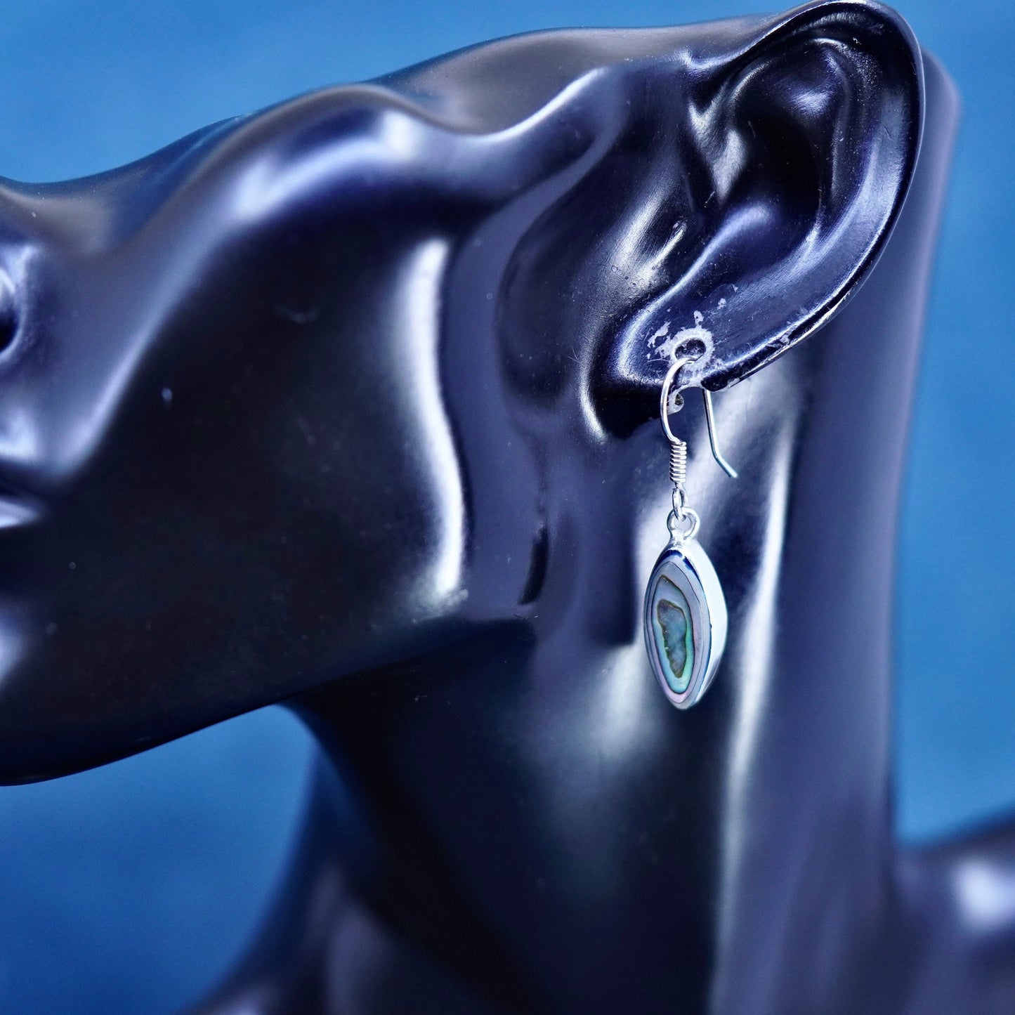 Mexican Sterling 925 silver handmade earrings with marquise shaped abalone