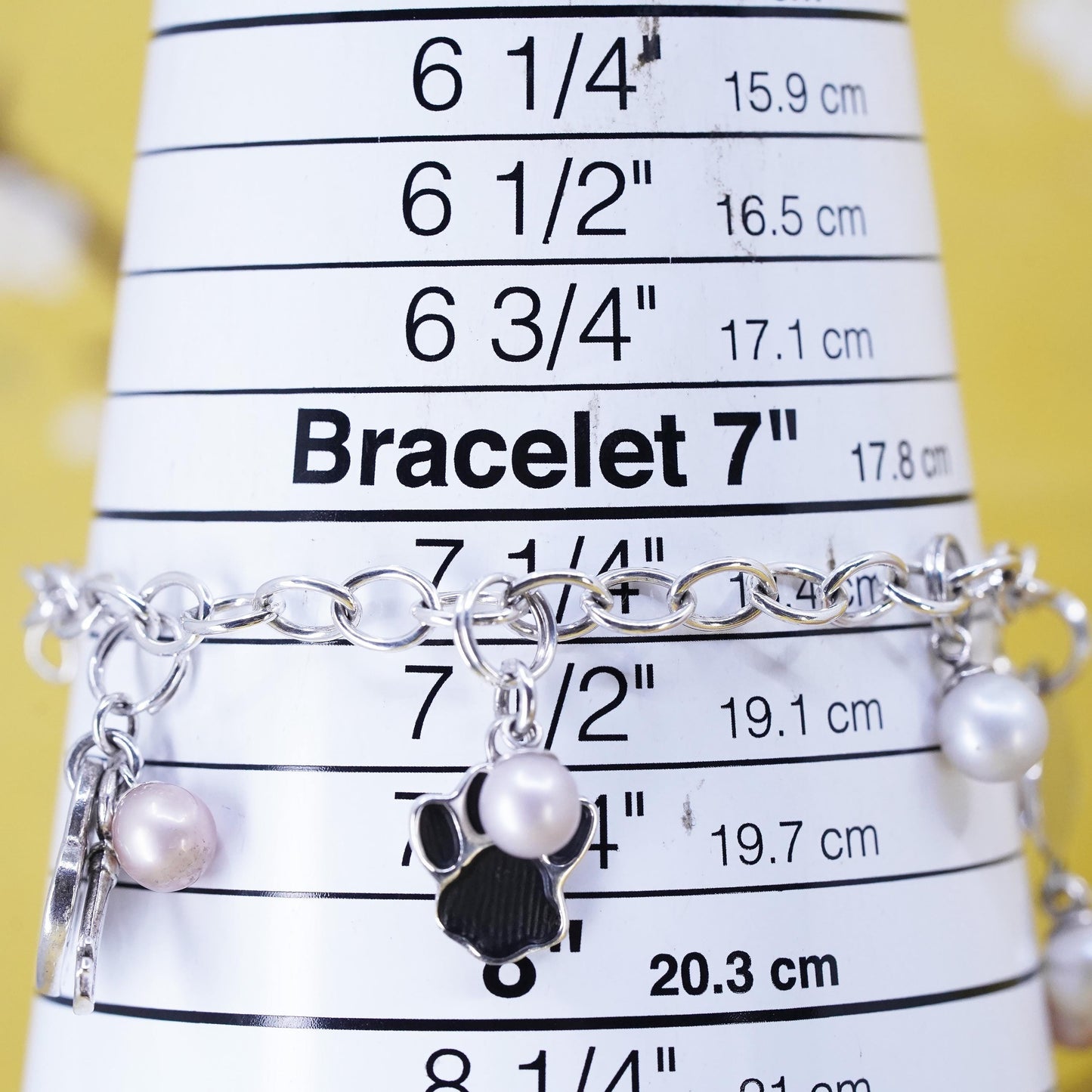 7.5” Sterling silver bracelet, 925 oval chain pearl heart lock key paw charms