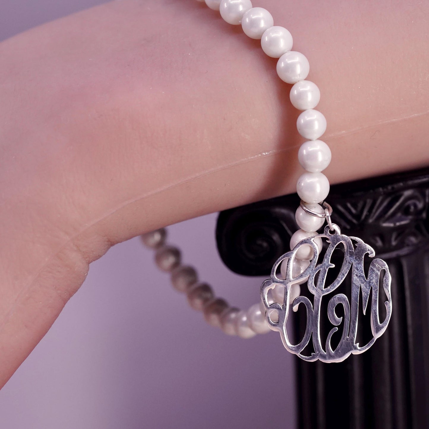 7.75", Sterling silver handmade bracelet, 925 monogram LMC charm pearl beads