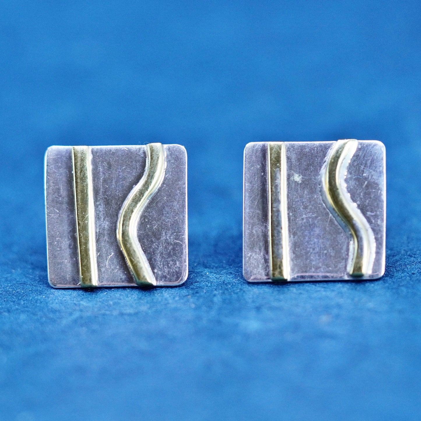 vintage two tone Sterling 925 silver handmade square studs earrings
