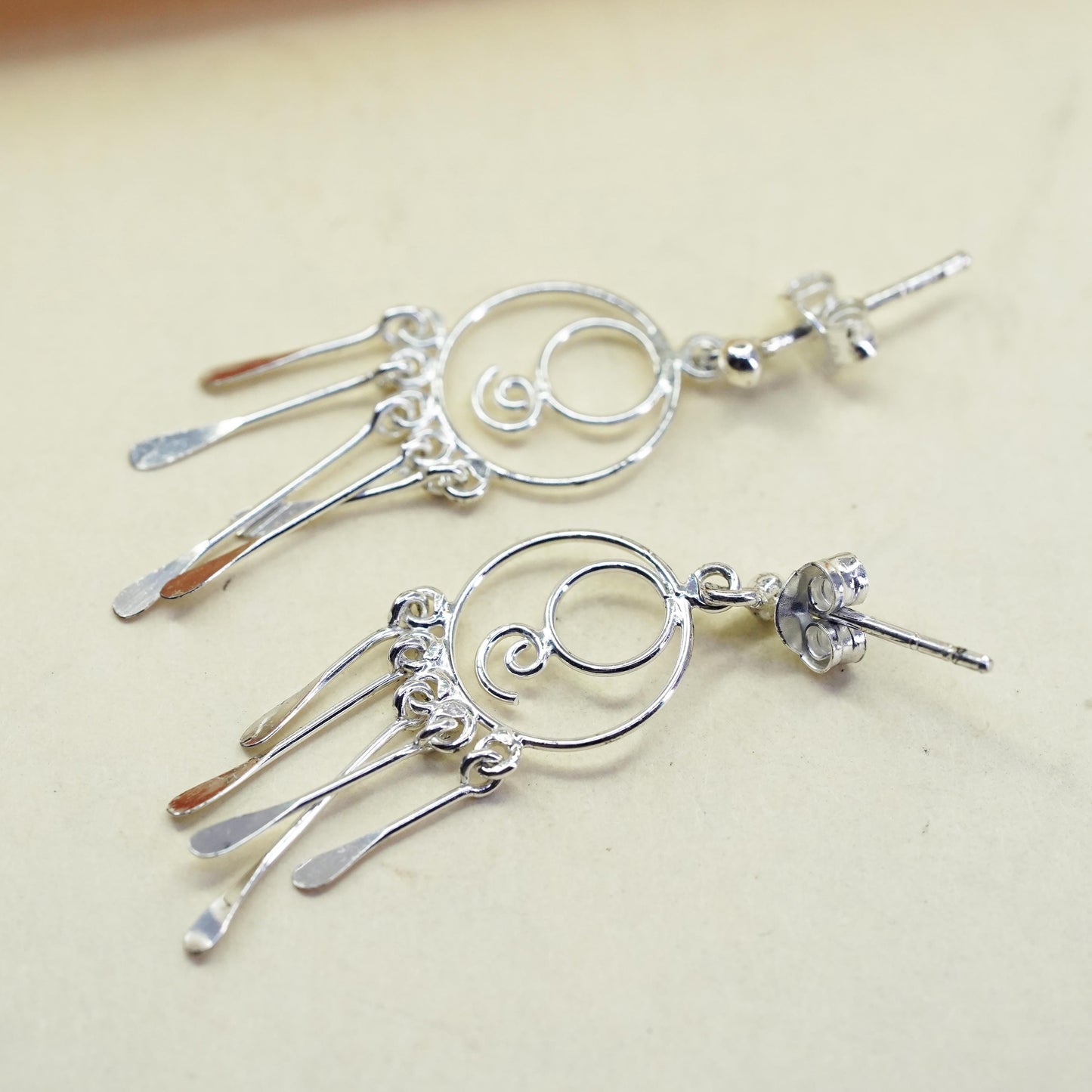 Vintage Sterling 925 silver handmade circle earrings with fridge dangles