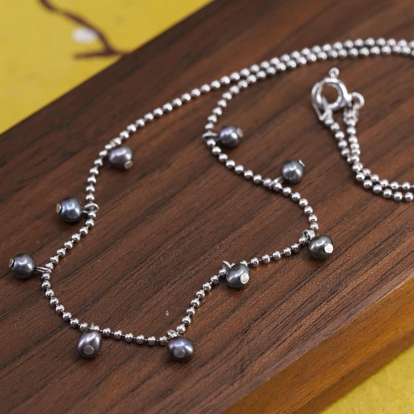 16", Italian Sterling 925 silver bead chain necklace with black pearls beads