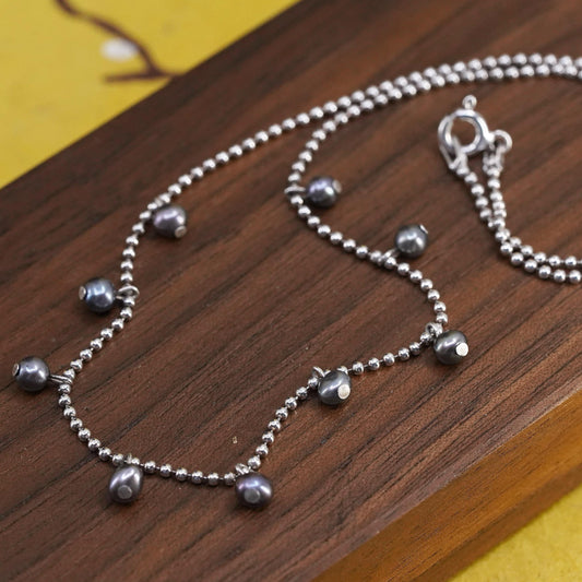16", Italian Sterling 925 silver bead chain necklace with black pearls beads