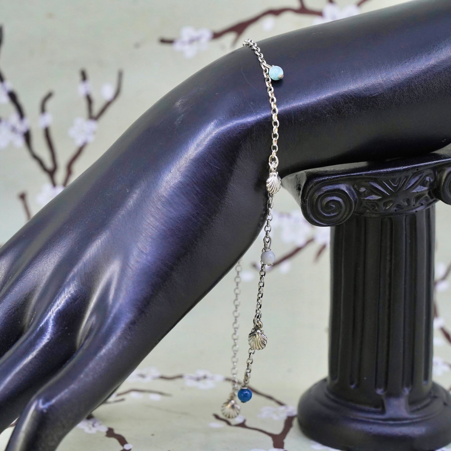 9.75”, sterling silver anklet bracelet, 925 circle shell charm sodalite beads