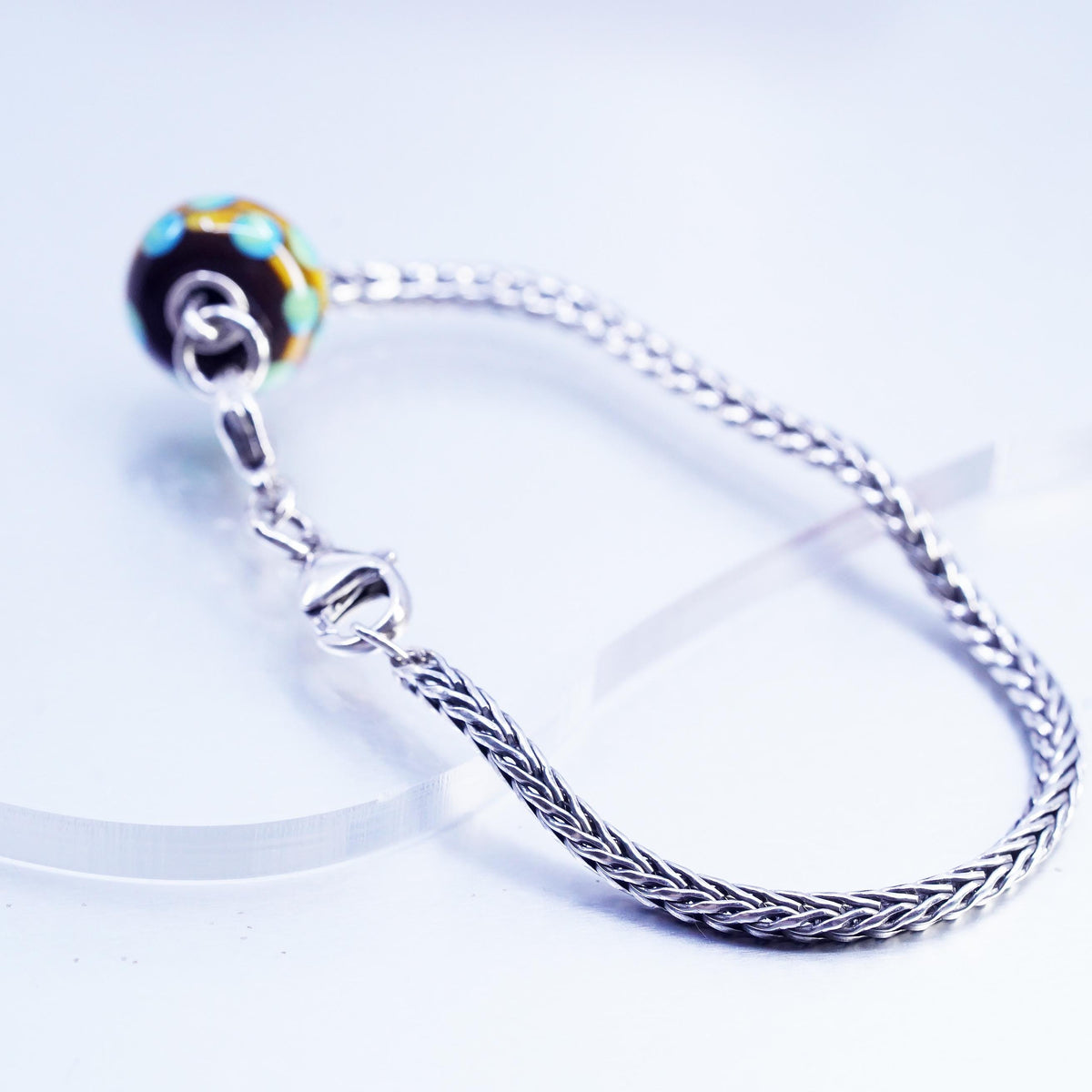 7” trollbead LAA sterling silver bracelet, bold 925 wheat artisan glass charms