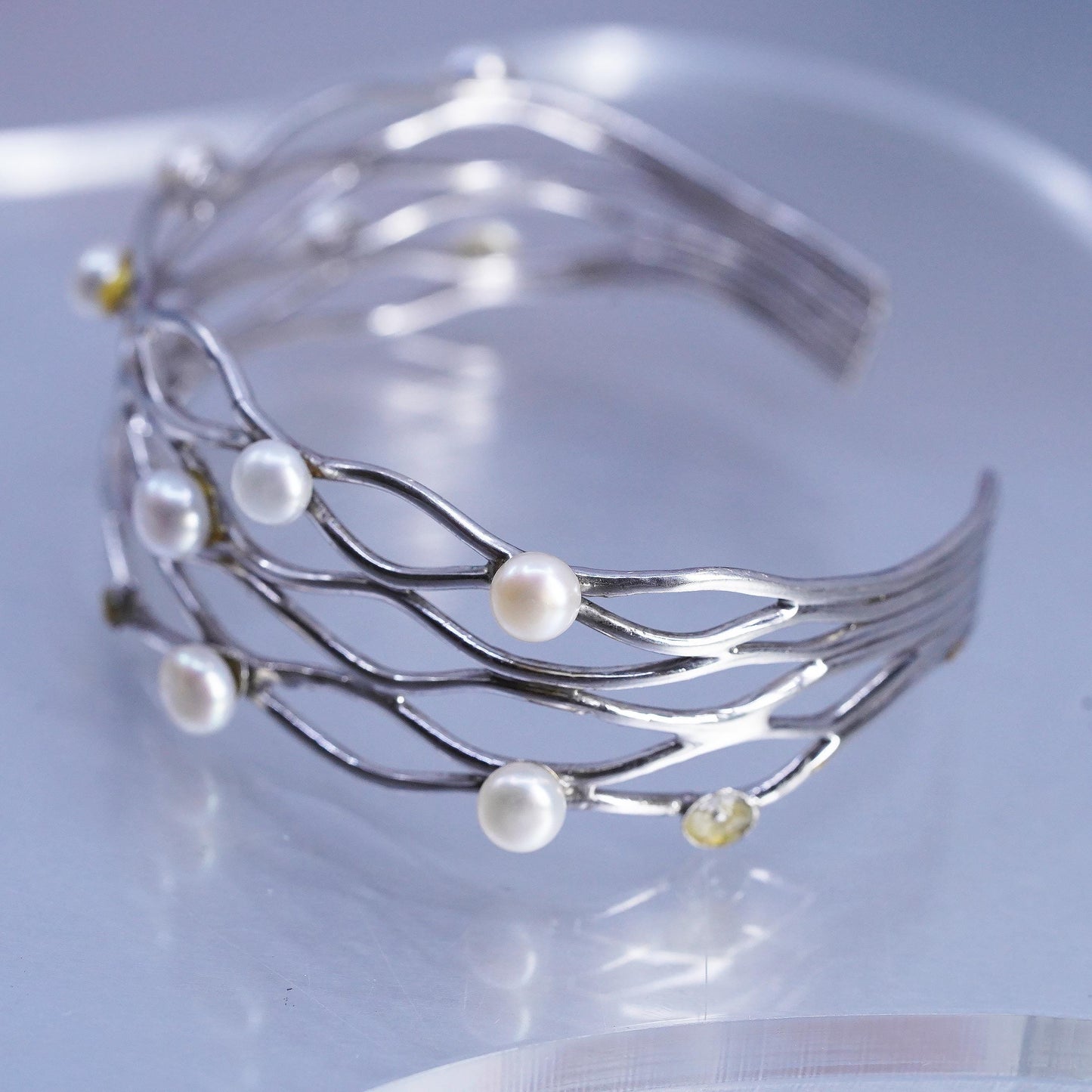 7", DAMAGED! Sterling 925 silver bracelet, ocean wave cuff freshwater pearls