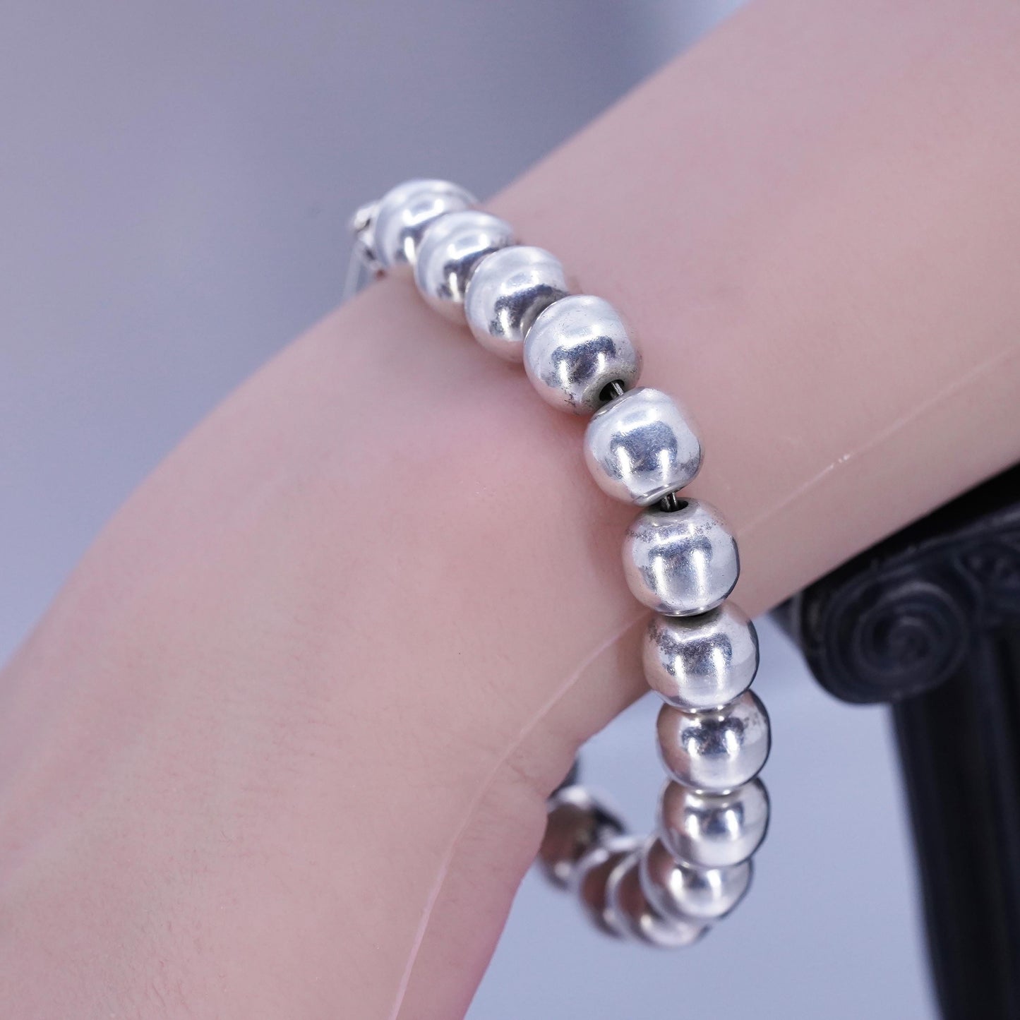 6.75”, 10mm, vintage Mexican Sterling 925 silver handmade bold bead bracelet