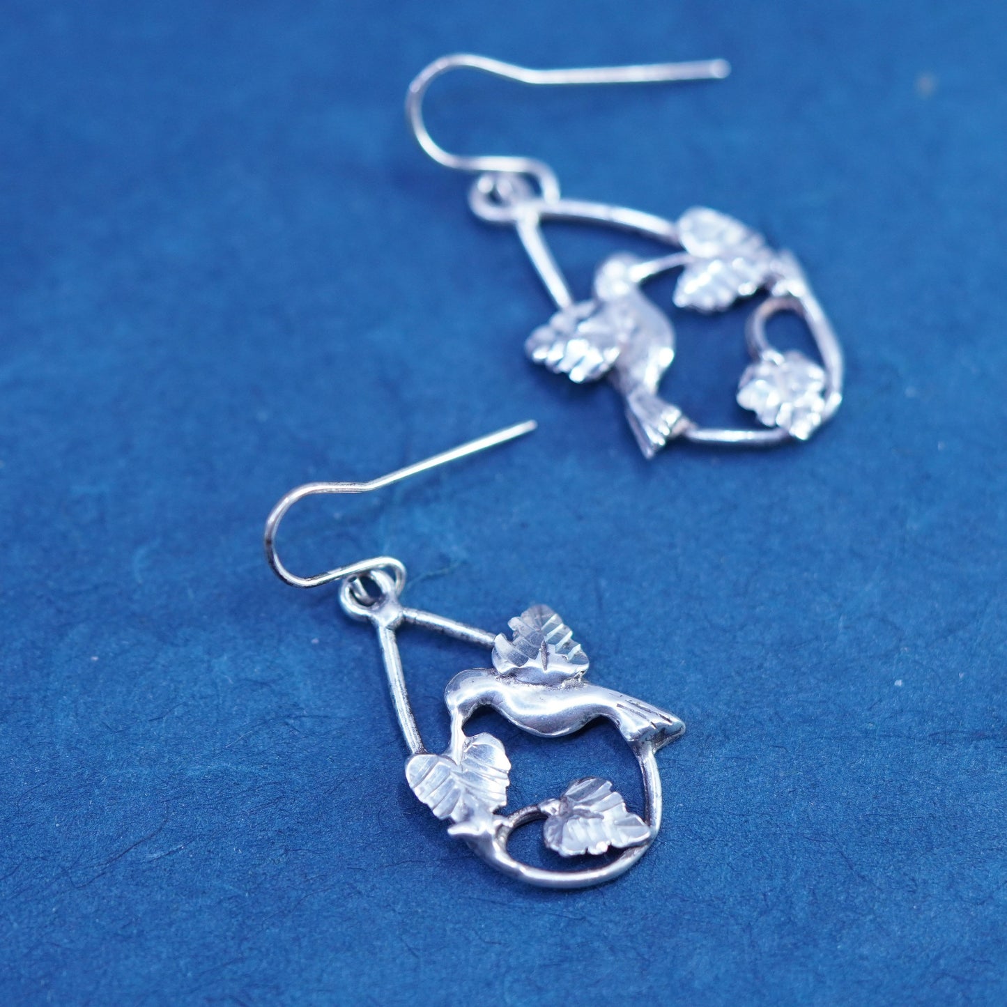 Vintage Sterling silver handmade bird earrings, 925 hummingbird dangles