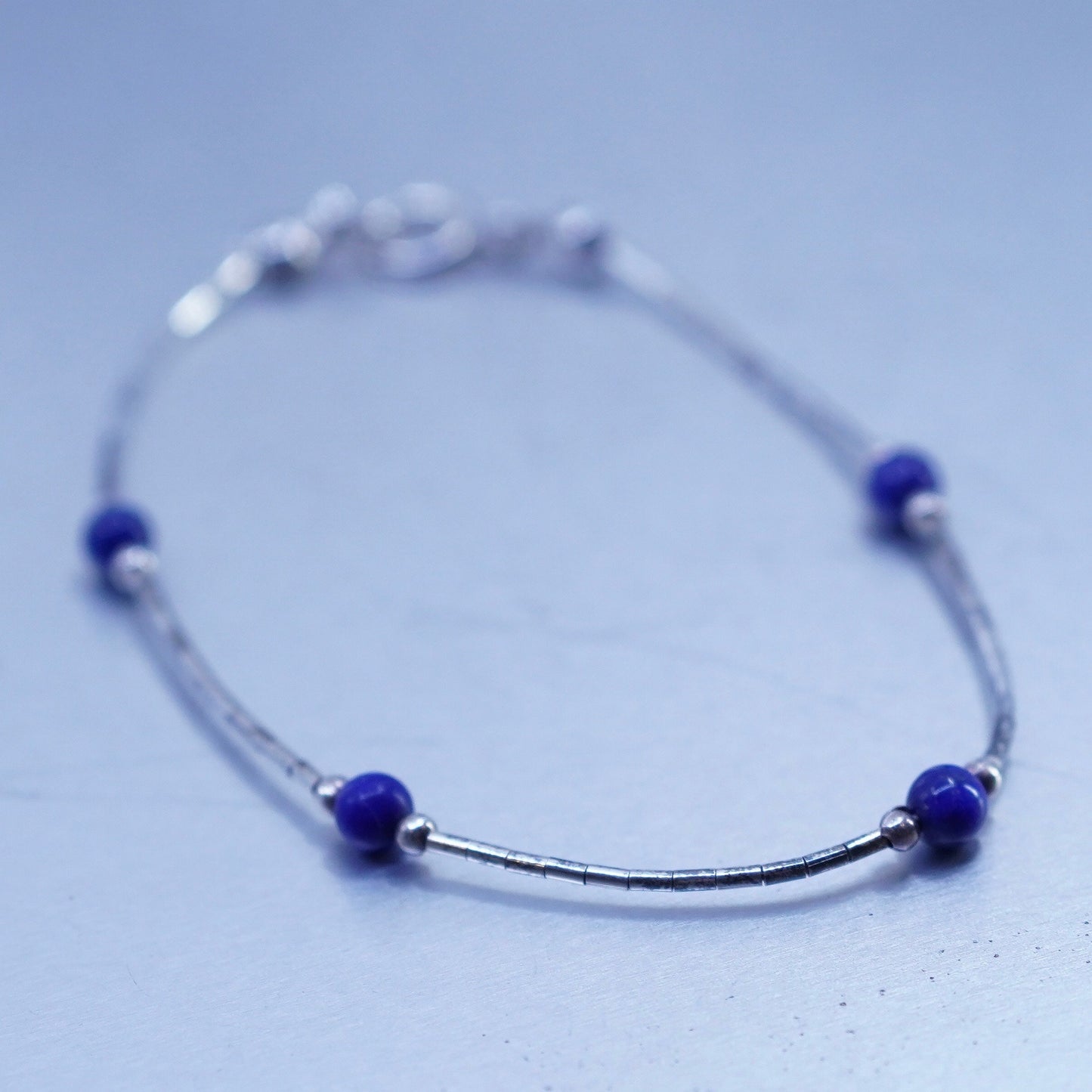 7”, Sterling 925 silver handmade bracelet, liquid chain lapis lazuli beads