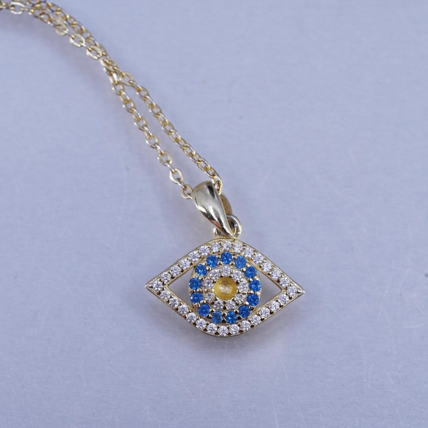 16+2", vermeil gold Sterling 925 silver circle necklace cz evil eye pendant
