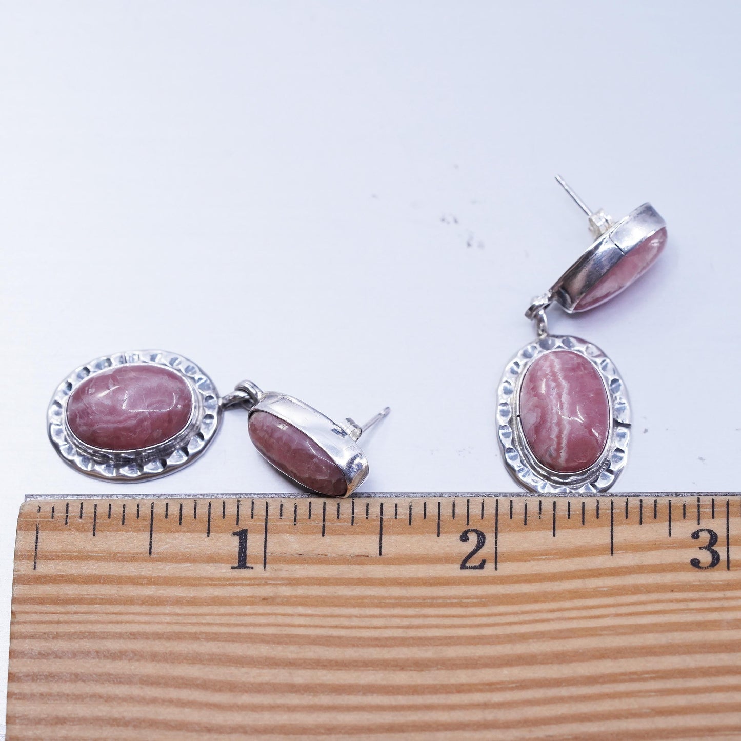 Vintage Sterling 925 silver handmade earrings with oval pink Rhodochrosite