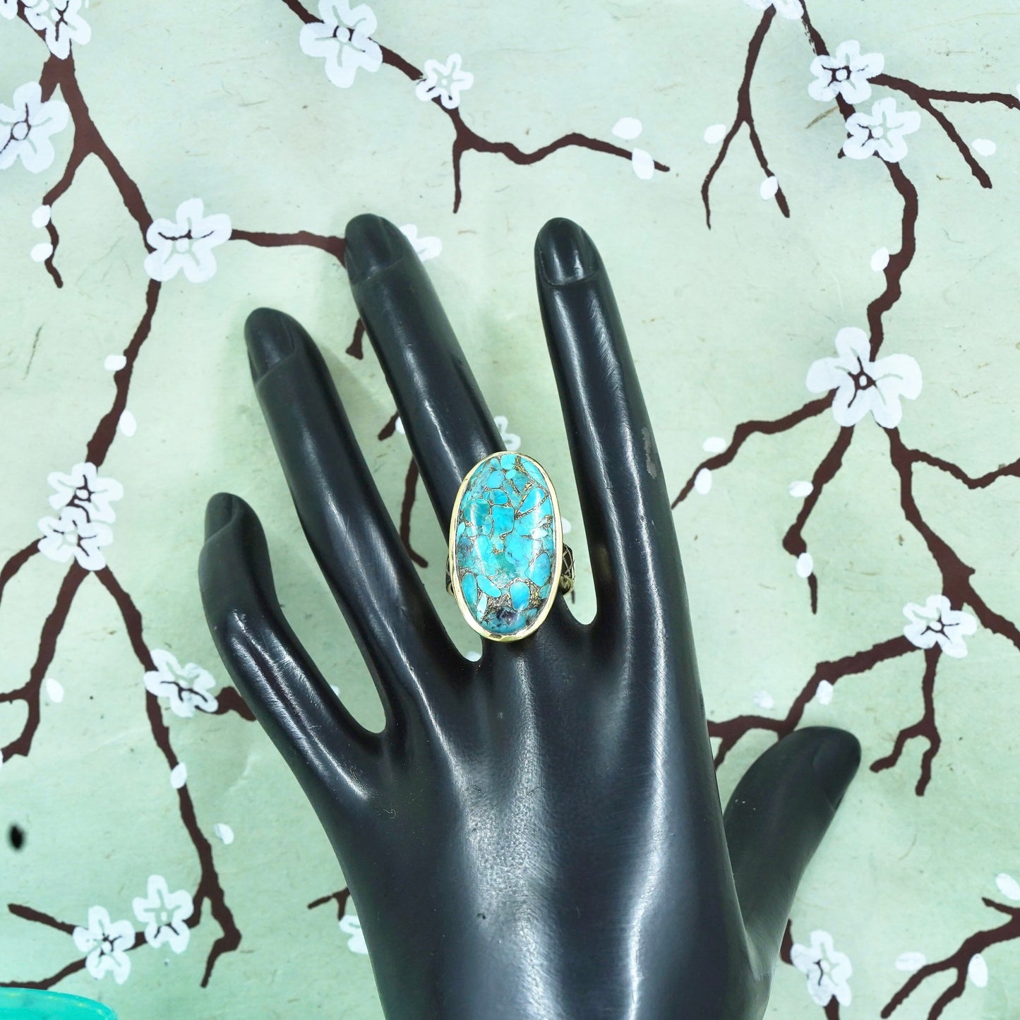 Size 8.25, Vintage sterling 925 silver handmade ring with oval shaped turquoise