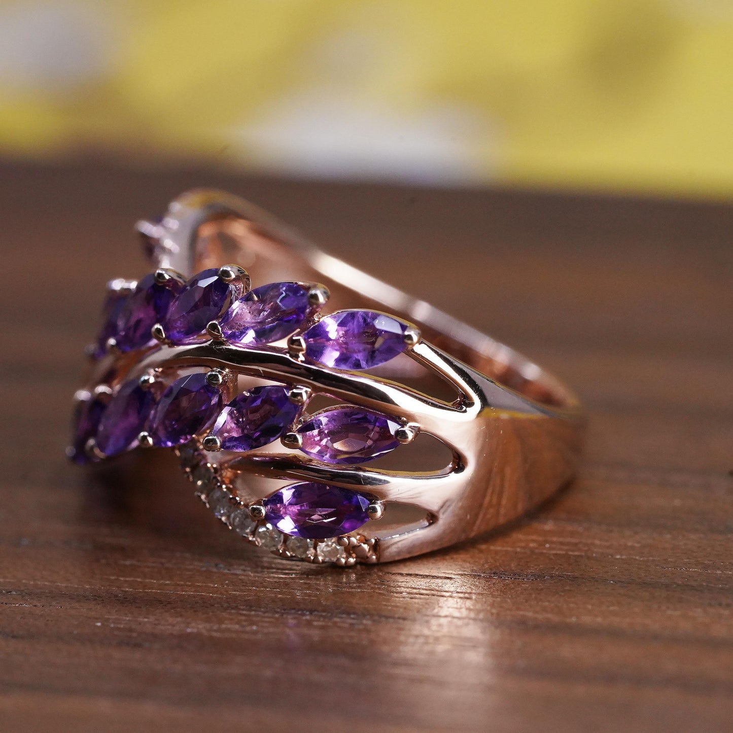 Size 7.25, PM vermeil rose gold over Sterling 925 silver ring amethyst diamonds