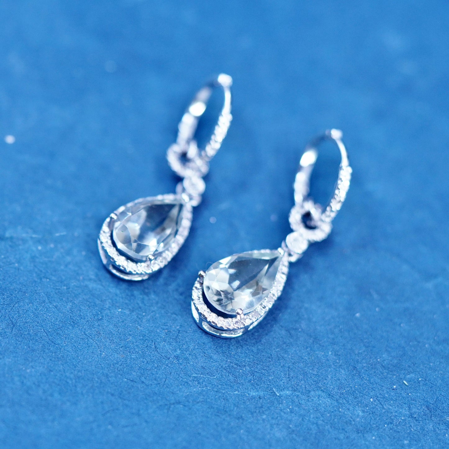 Vintage sterling 925 silver handmade earrings with teardrop blue topaz