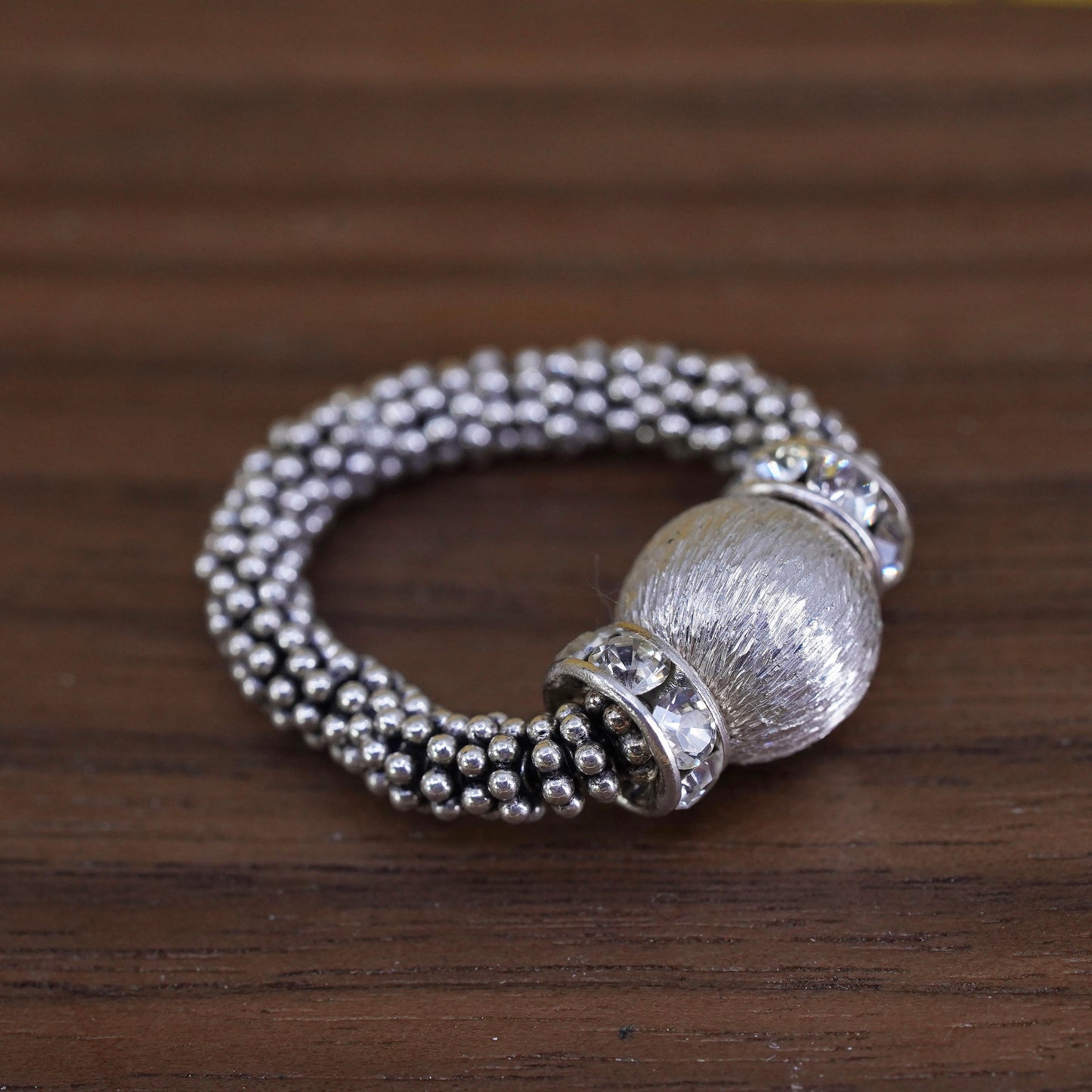 Size 5, vintage Sterling 925 silver handmade stretch beaded ring with cz