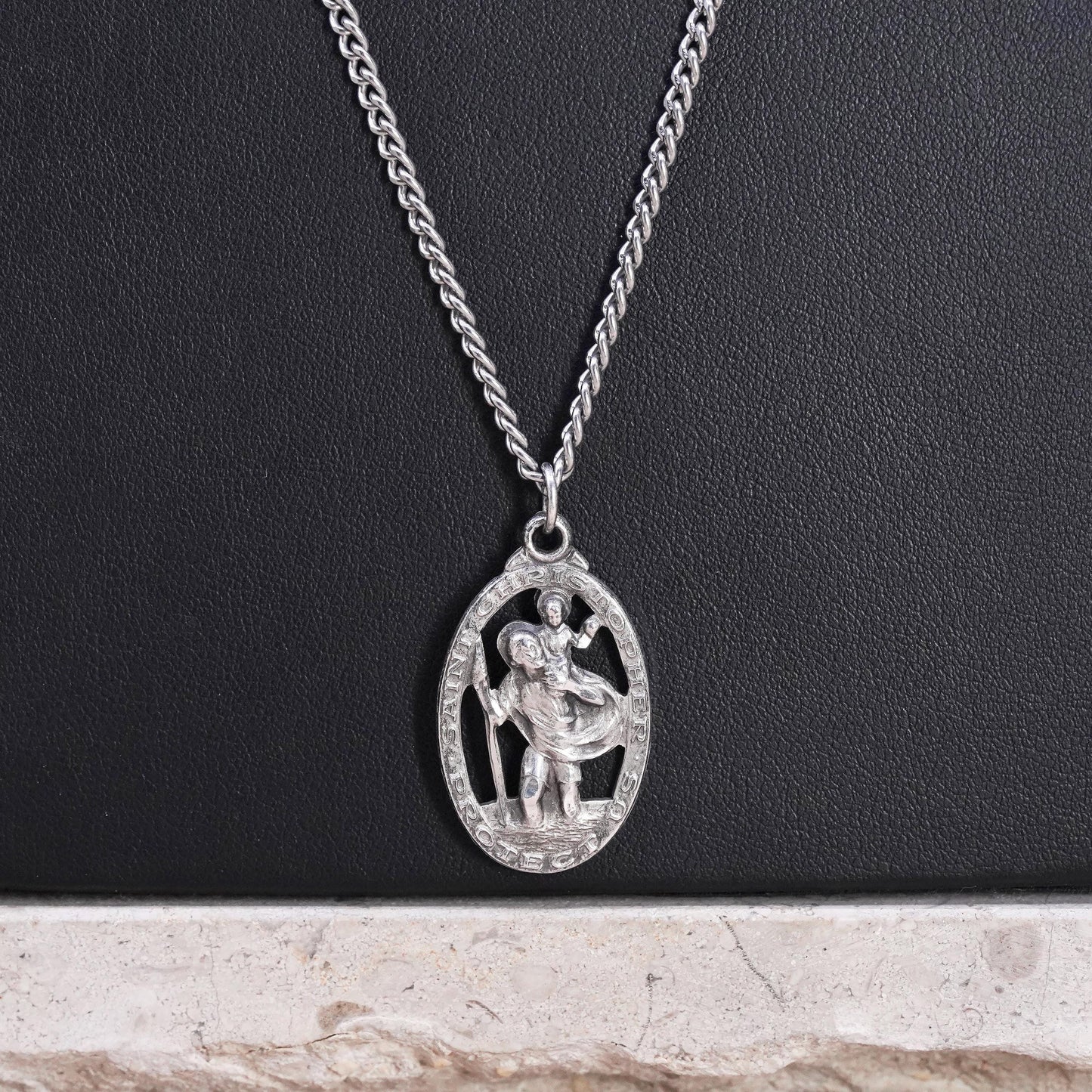 24” Sterling silver necklace, 925 chain Saint Christopher protect us pendant