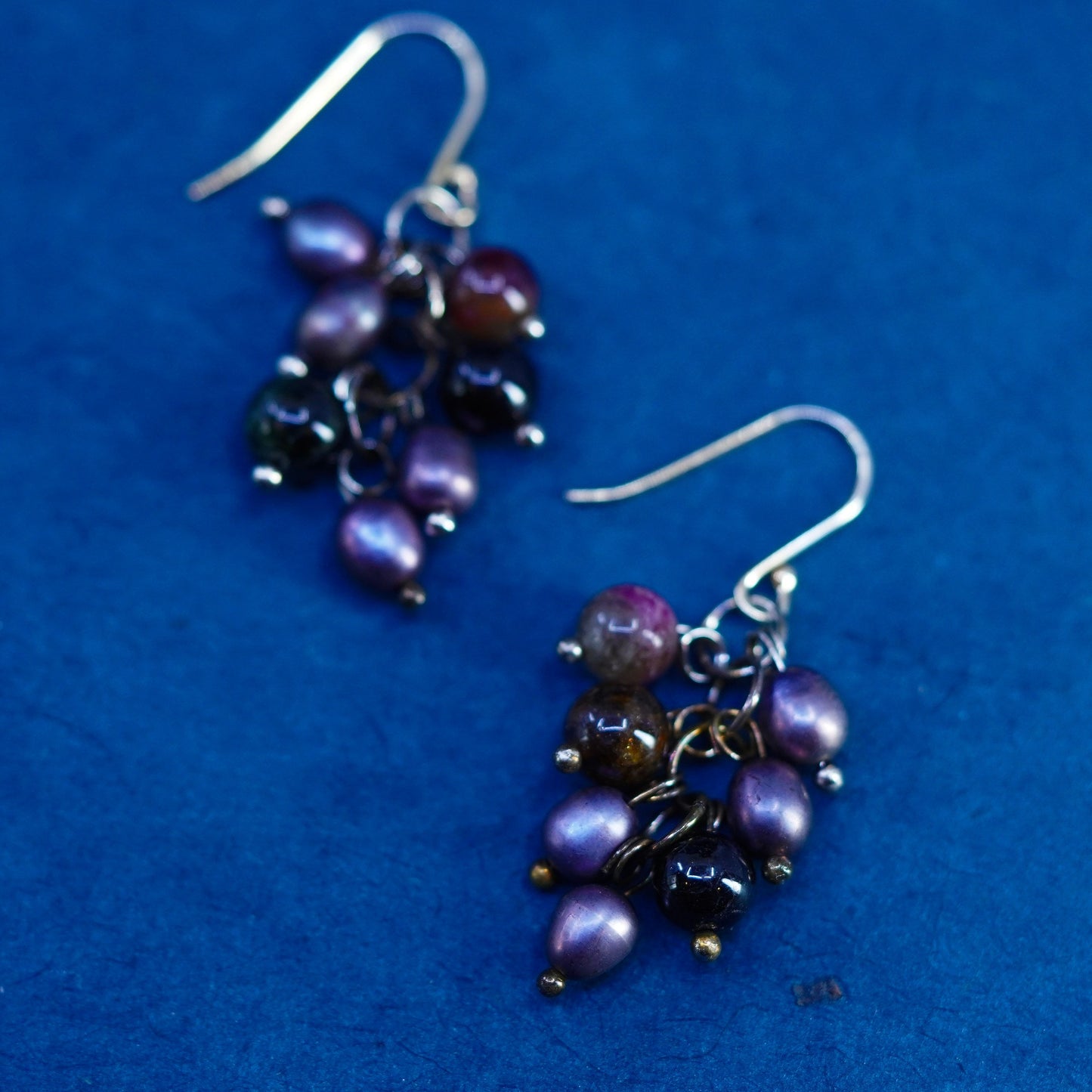 Native American Sterling silver earrings with cluster black pearls and jasper