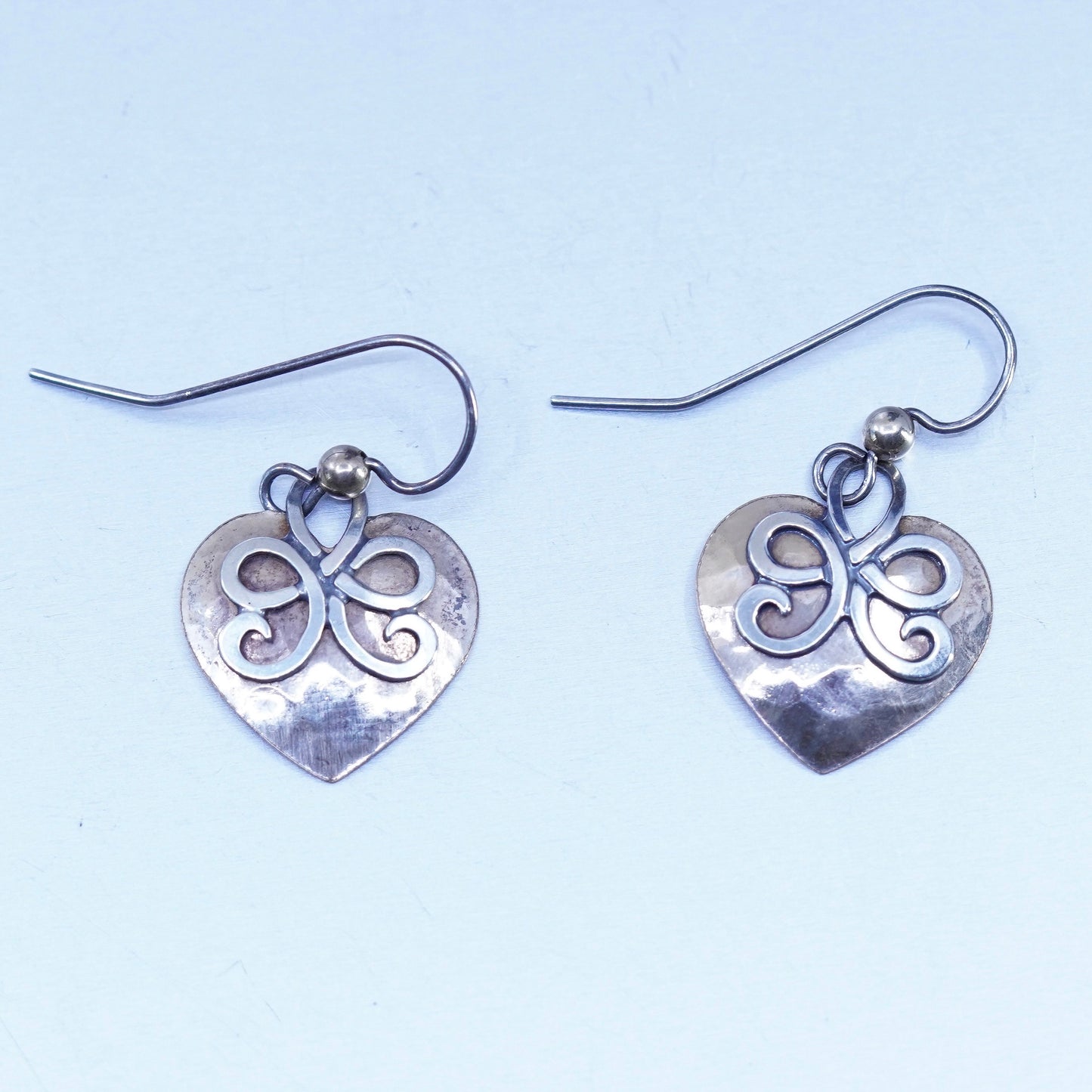 Vintage two tone Sterling 925 silver handmade earrings with heart disc