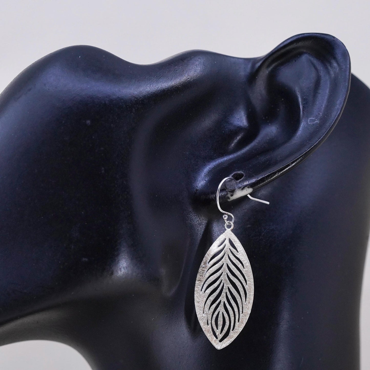 Vintage two tone Sterling silver handmade earrings, matte leaf openwork drops