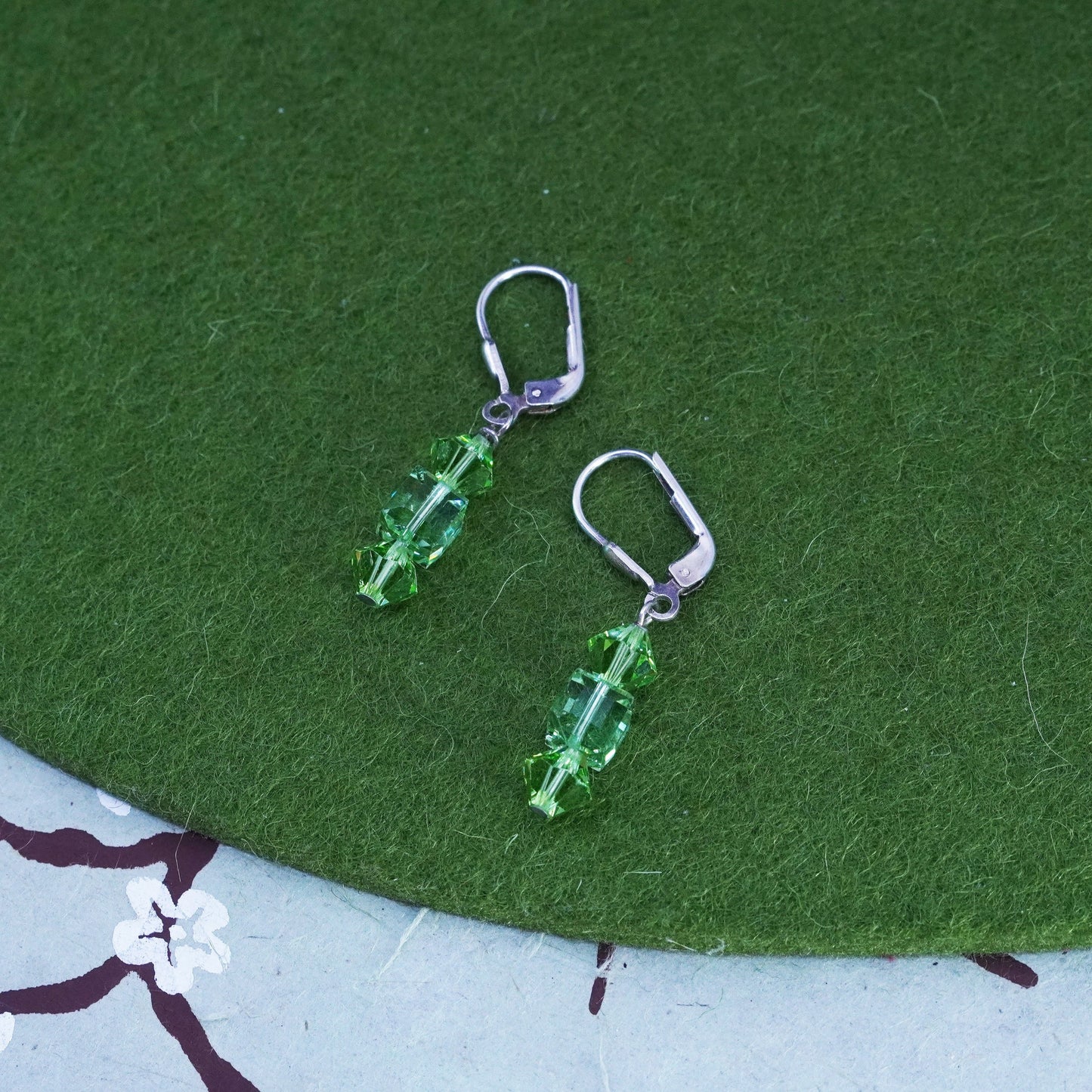 Vintage sterling silver handmade earrings, 925 silver with green crystal drops