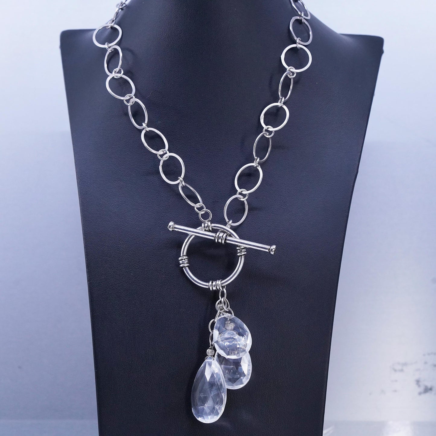 16", Sterling 925 silver flatten circle necklace teardrop crystal pendant