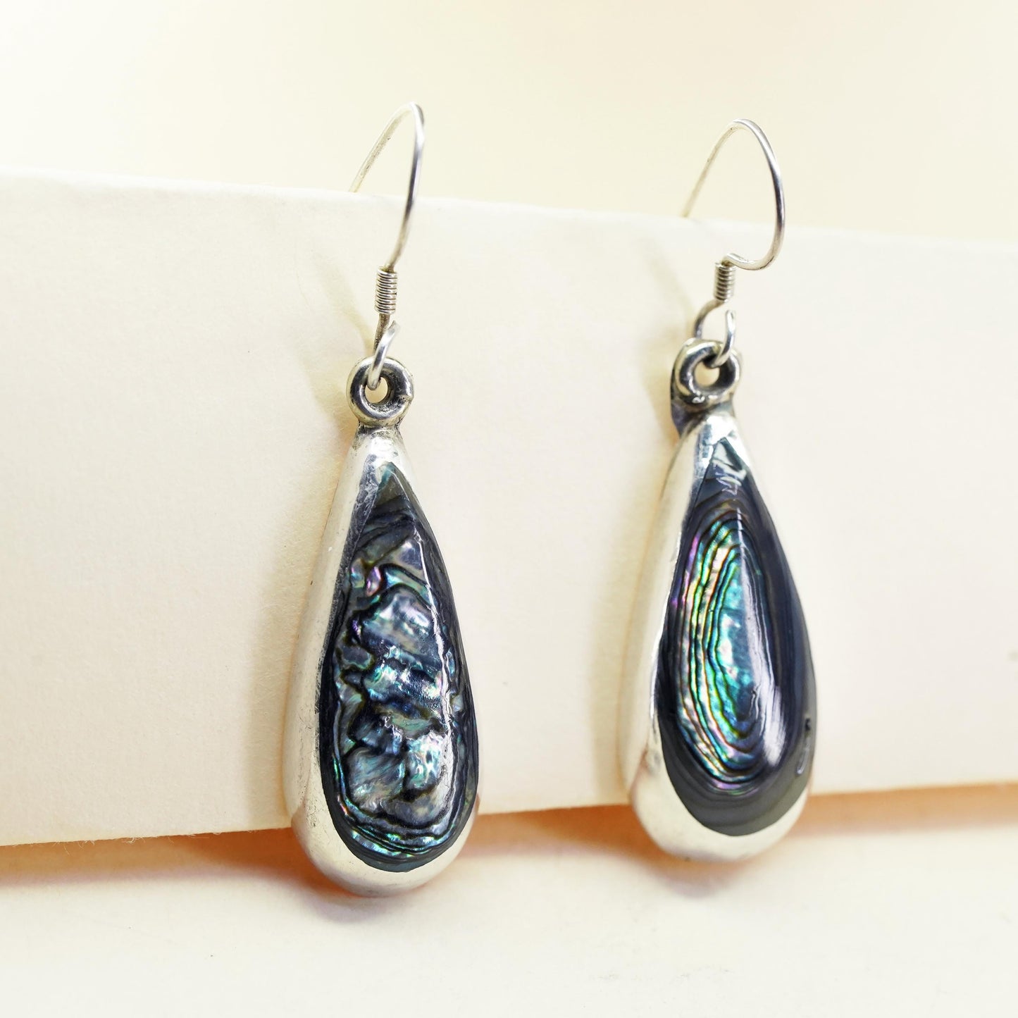 Vintage Mexico sterling 925 silver handmade teardrop earrings with abalone