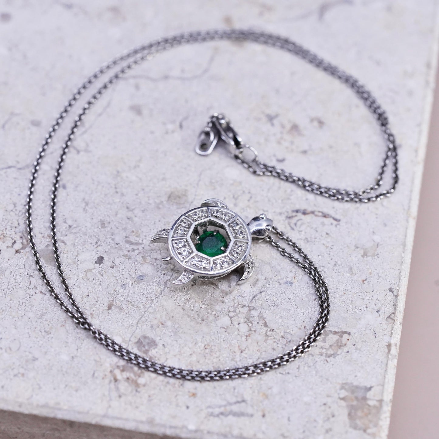 18" Sterling 925 silver circle necklace cluster diamonds emerald turtle pendant