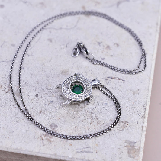 18" Sterling 925 silver circle necklace cluster diamonds emerald turtle pendant