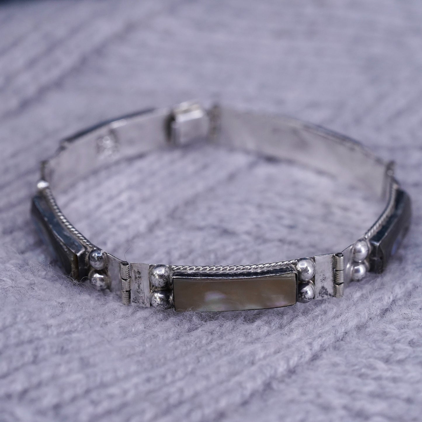 6.75", vintage Mexican Sterling 925 silver handmade tennis bracelet w/ abalone