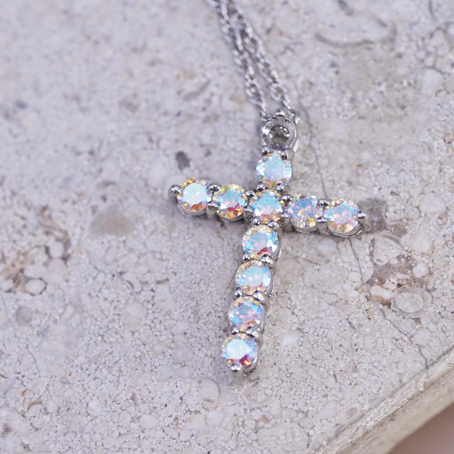 18" Sterling silver necklace, 925 Singapore rope chain AB crystal cross pendant
