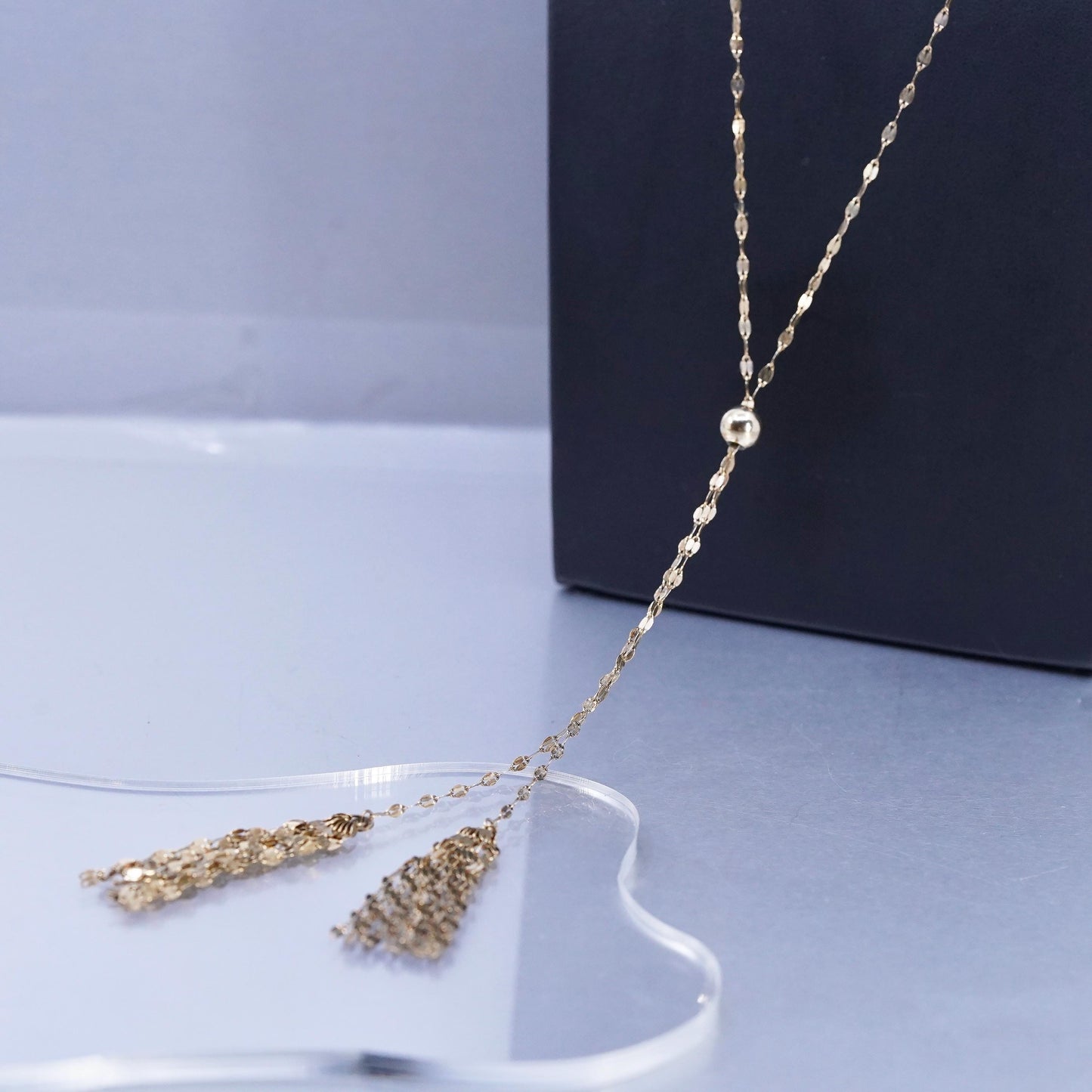 24" KA1772 Italian vermeil gold Sterling 925 silver flatten necklace 6” fringe