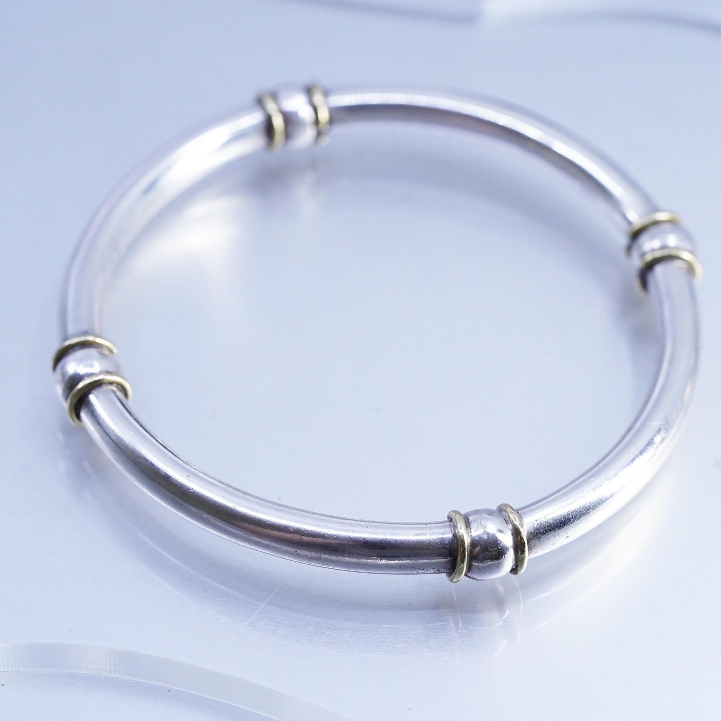 8", Mexican 925 Sterling Silver Bangle, Brass Bead Cuff, Taxco slide Bracelet