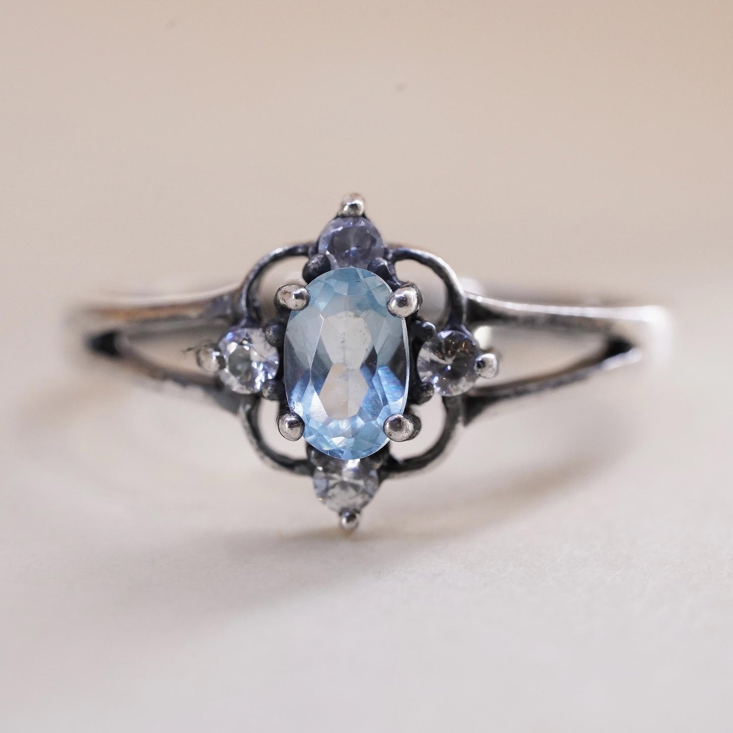 Size 6, vintage sterling silver handmade ring, 925 with blue topaz