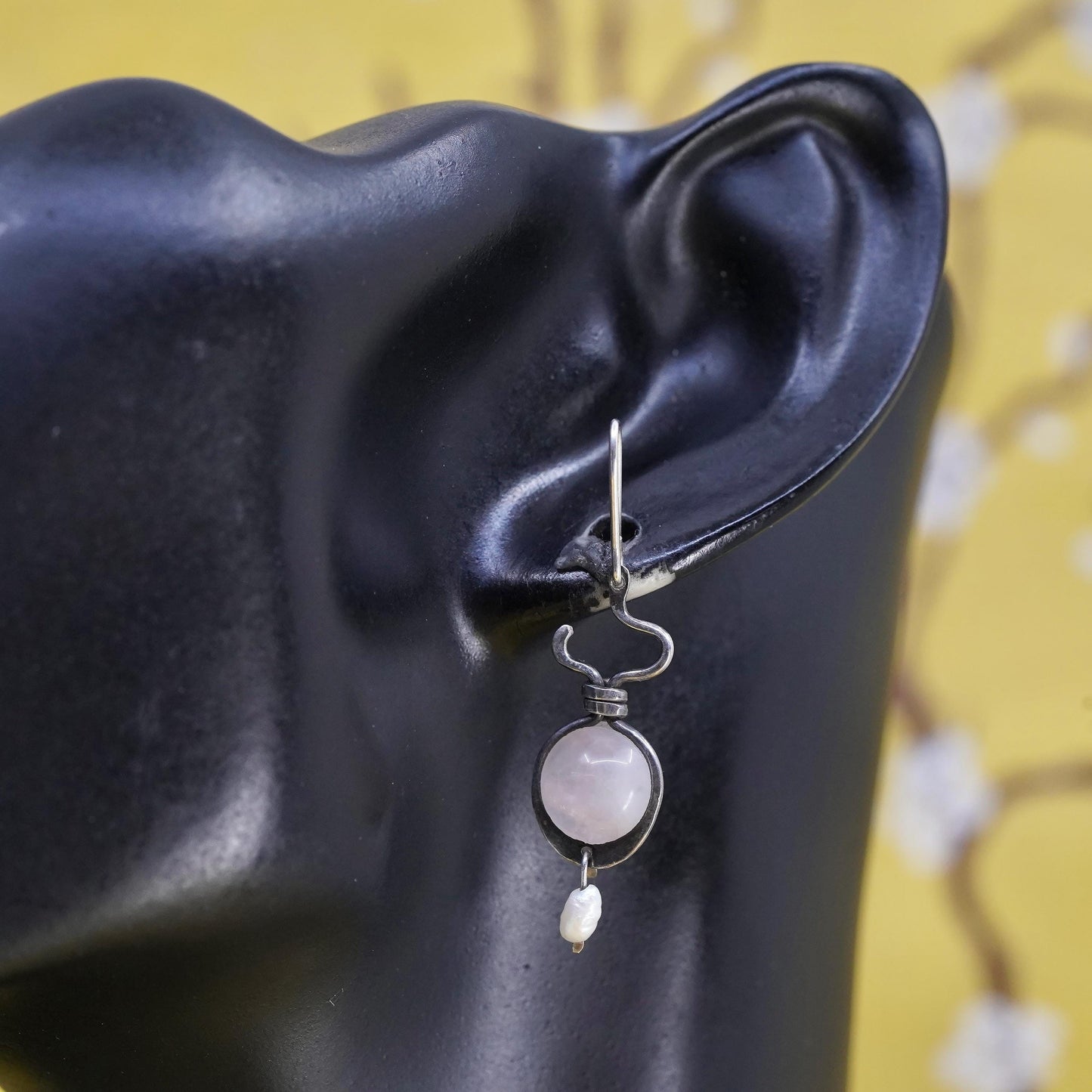 Vintage Sterling Silver Earrings, Pink Rose Quartz Pearl Drop, Handmade 925