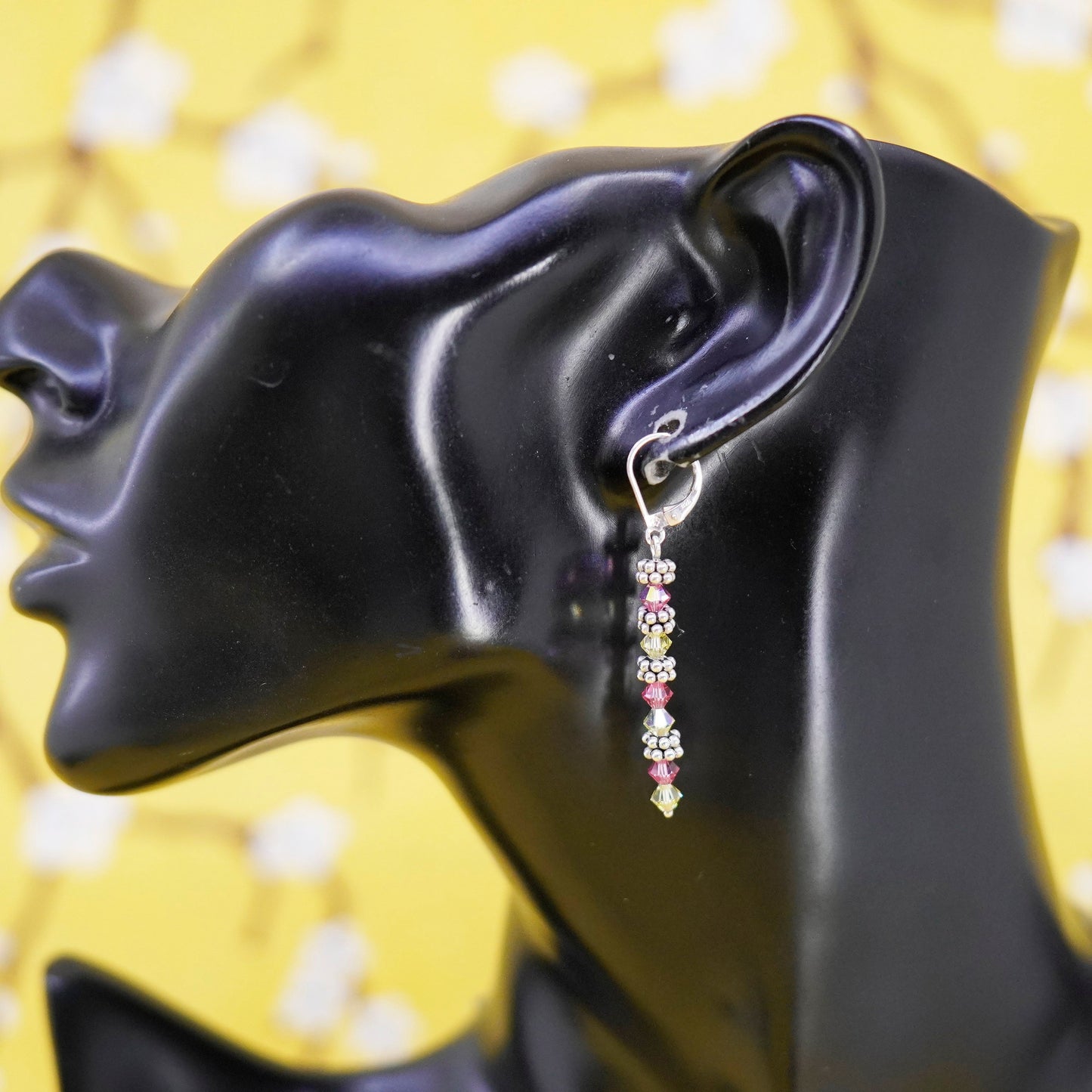 Vintage Sterling silver 925 handmade earrings with pink yellow crystal