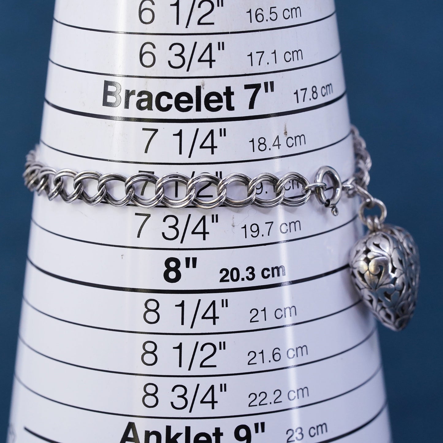 7.5", Sterling silver bracelet, 925 double curb chain with filigree heart charm