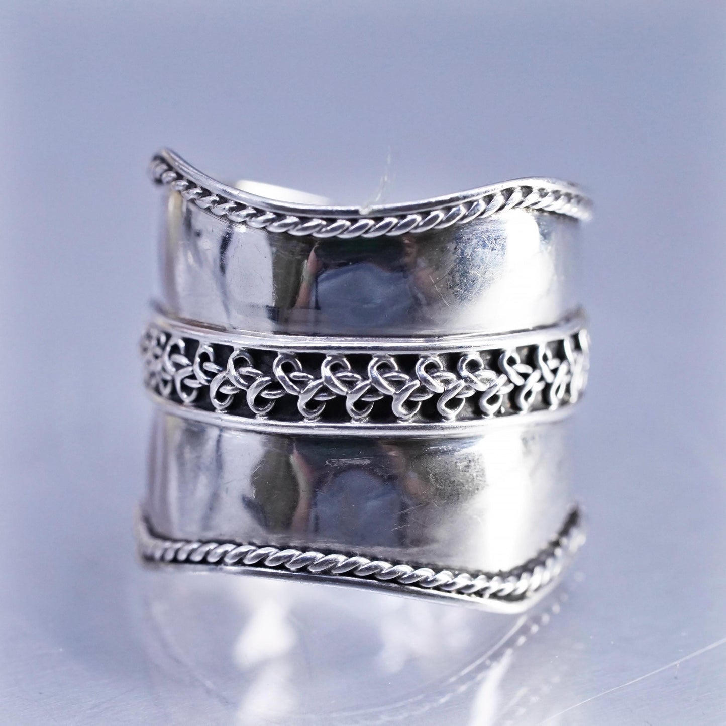 Size 9.5, Vintage Sterling Silver Wide Ring cable, Boho Statement 925 band