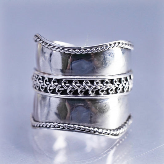 Size 9.5, Vintage Sterling Silver Wide Ring cable, Boho Statement 925 band