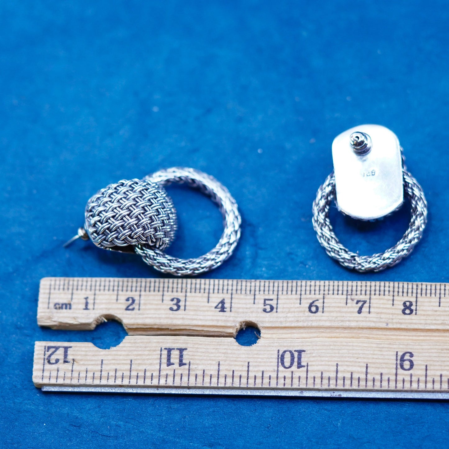 vintage Sterling silver handmade woven braided earrings, 925 studs with hoops