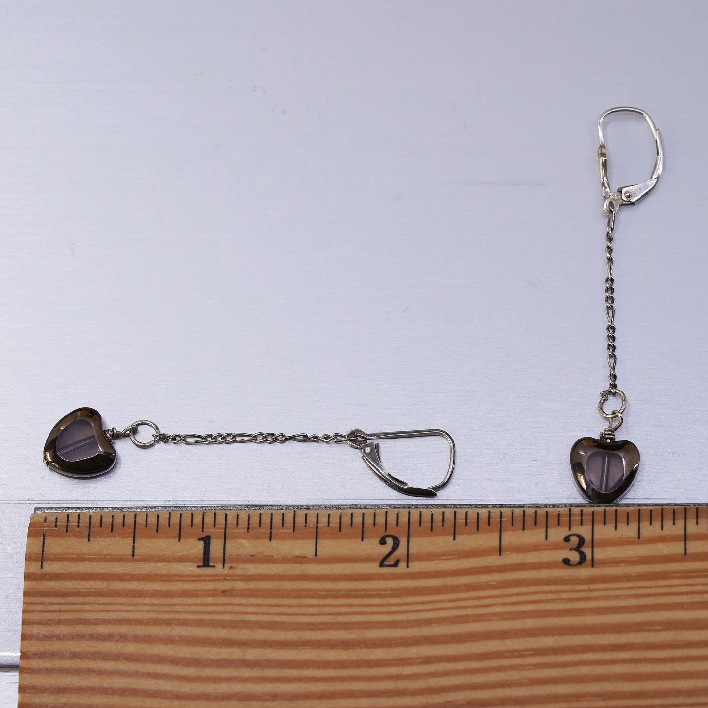 vintage handmade sterling silver earrings, 925 long dangles with glass heart